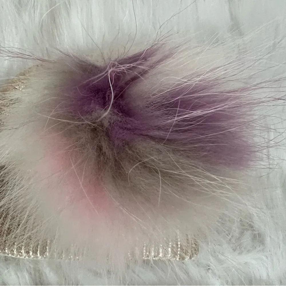 Bari Lynn Metallic Gold with Fur Pompom Beanie